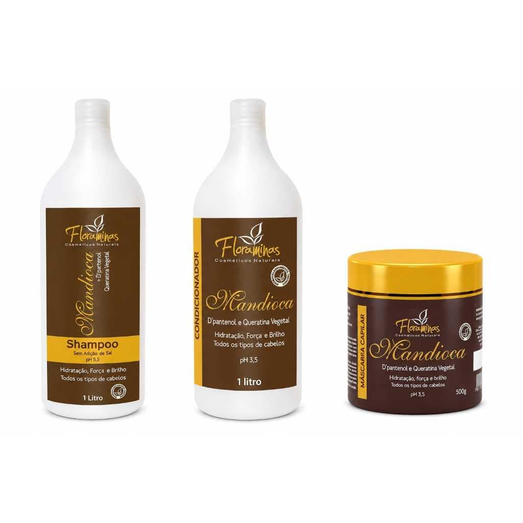 Kit Shampoo e Condicionador 1 litro | Máscara Capilar 500g Mandioca Queratina Vegetal e D Pantenol  Floraminas