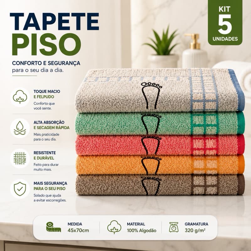 Kit 5 Tapetes Piso Para Banheiro Atoalhado Saída de Box Pezinho 100% Algodão Premium 40x70cm
