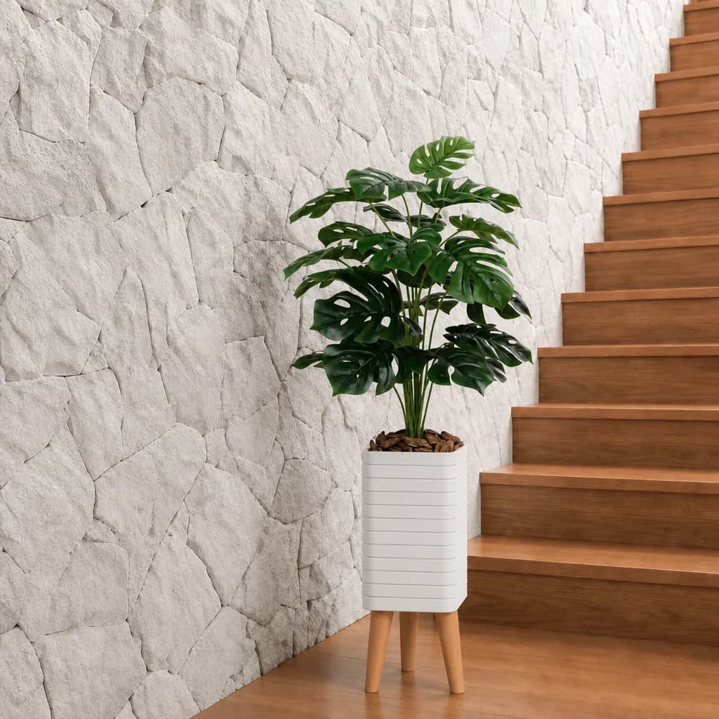 Planta Artificial Grande 18 Folhagem Costela de Adão 1 Metro Com Vaso Grande Sala Branco