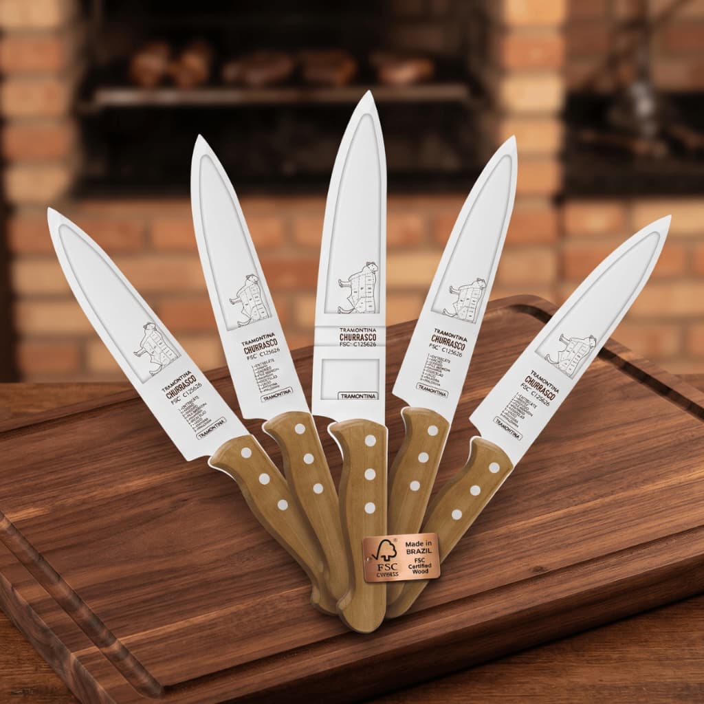 Kit com 5 Facas para Carne Tramontina Churrasco 8 Polegadas - Lâmina Inox e Cabo Madeira Natural (FSC)