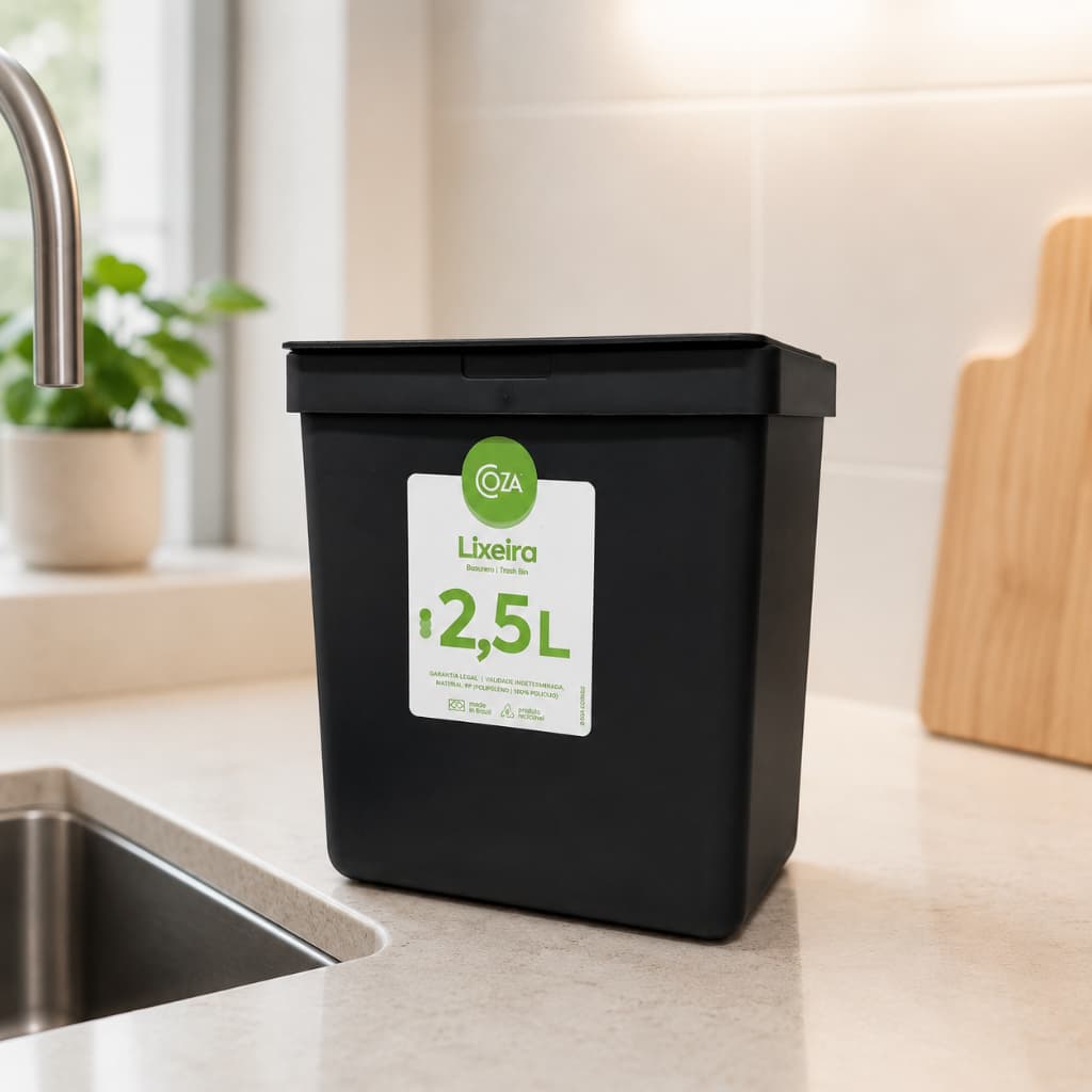 Lixeira de Pia Coza Single 2,5L com Tampa Preta Compacta