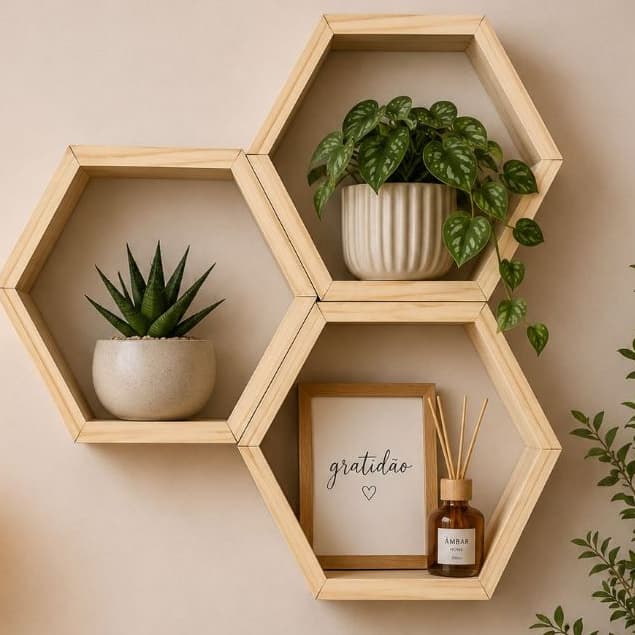 Kit 3 Nichos Colmeia Hexagonal 10 x 9cm Madeira Pinus Decoração Parede