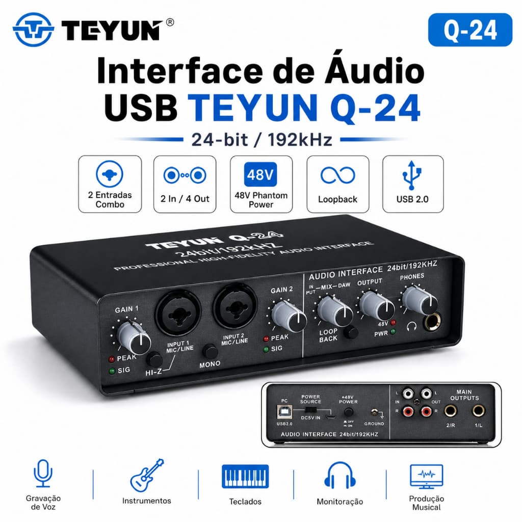 Interface de Áudio Teyun Q-24 USB 2.0 24bit 192kHz 48V Phantom 2 Entradas