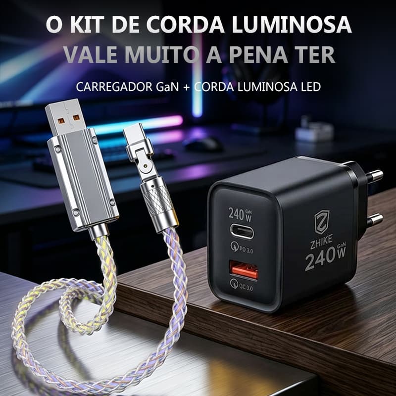 Carregador 240W ZHIKE Kit Celular Carregamento Rápido PD Tipo C e Cabo GaN Adaptador USB-C Carregador de Parede Portátil