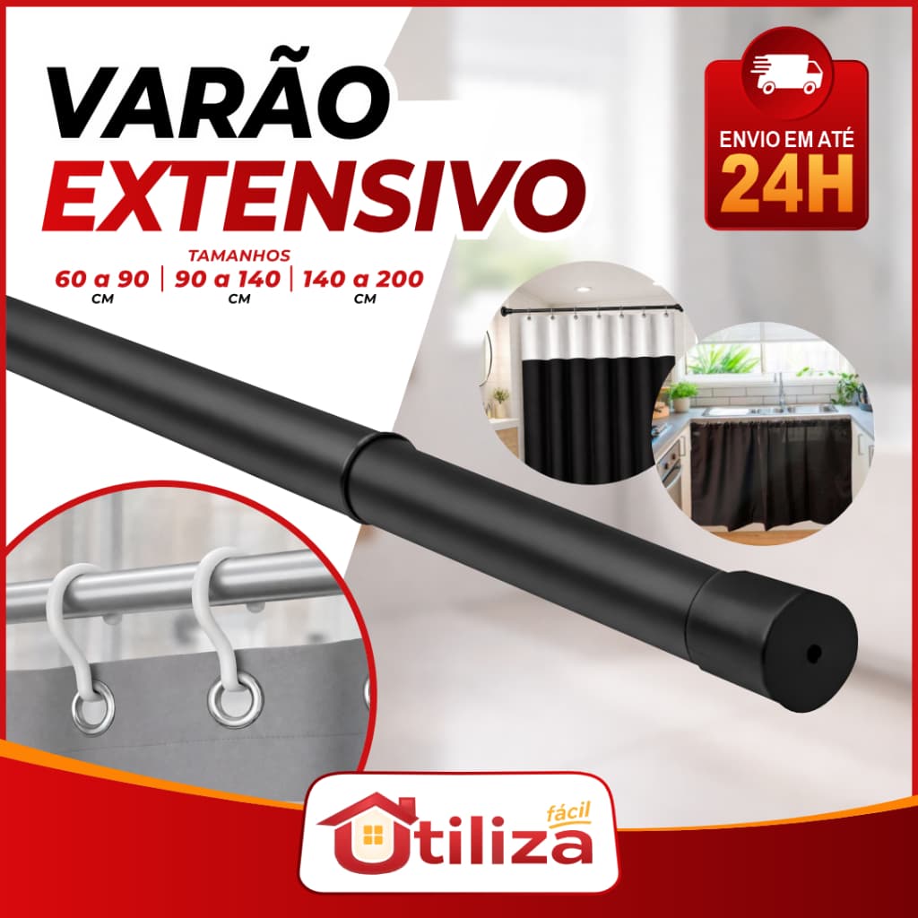 Varão Extensível Ajustável 60cm a 2m para Cortina, Box Banheiro e Suporte Cabides para Armario / Roupa - Cores Variadas