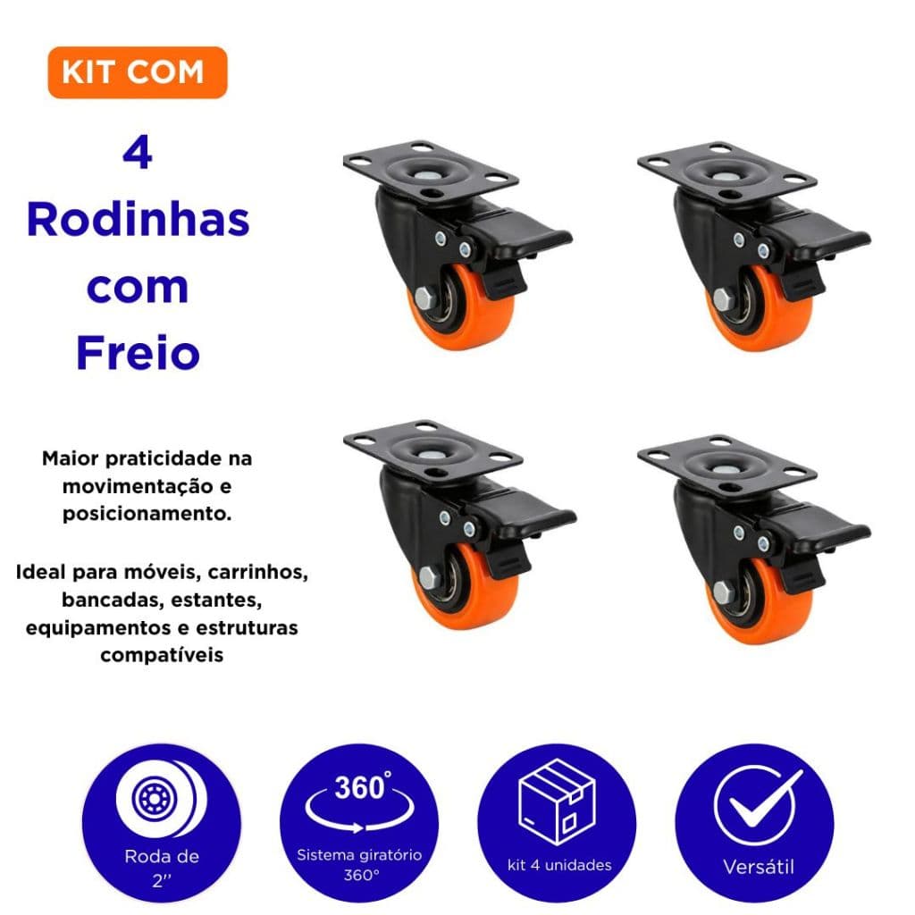 Kit 4 Rodinhas Rodízio Para Moveis Giratórias Reforçadas 2''