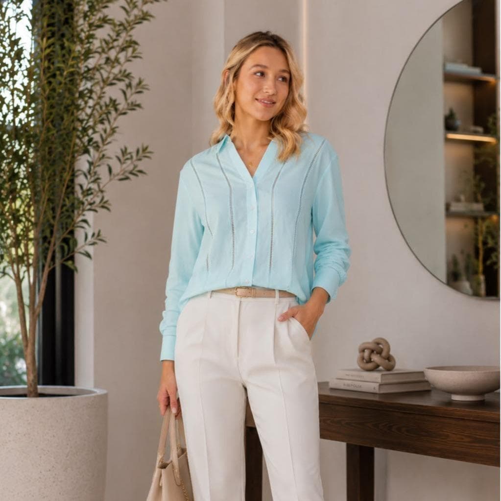 Camisa Feminina Azul Claro Manga Longa Social Casual