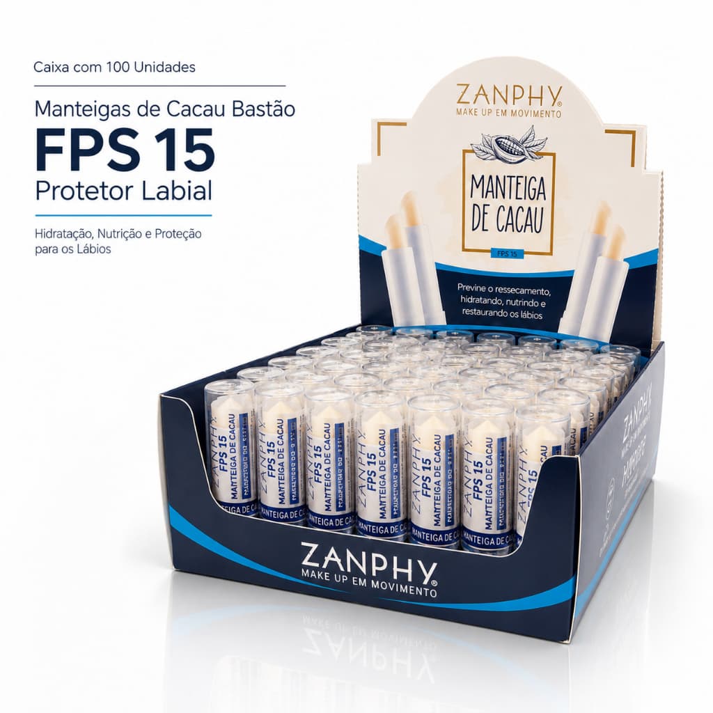Kit 100 Manteigas de Cacau Bastão FPS 15 Protetor Labial Hidratante Zanphy