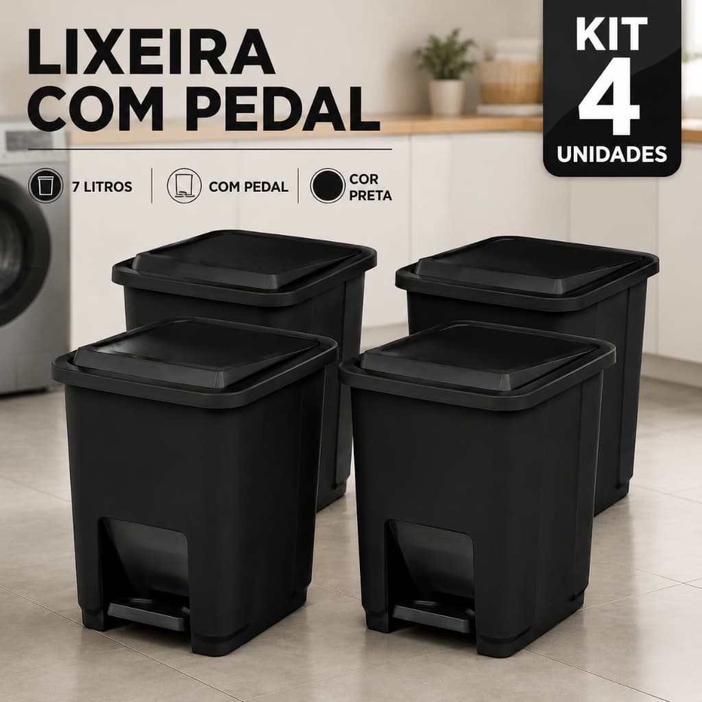 Kit 4 Lixeiras Plásticas Pretas 7 Litros com Pedal e Tampa Higiênica para Banheiro Cozinha Quarto Escritório e Casa