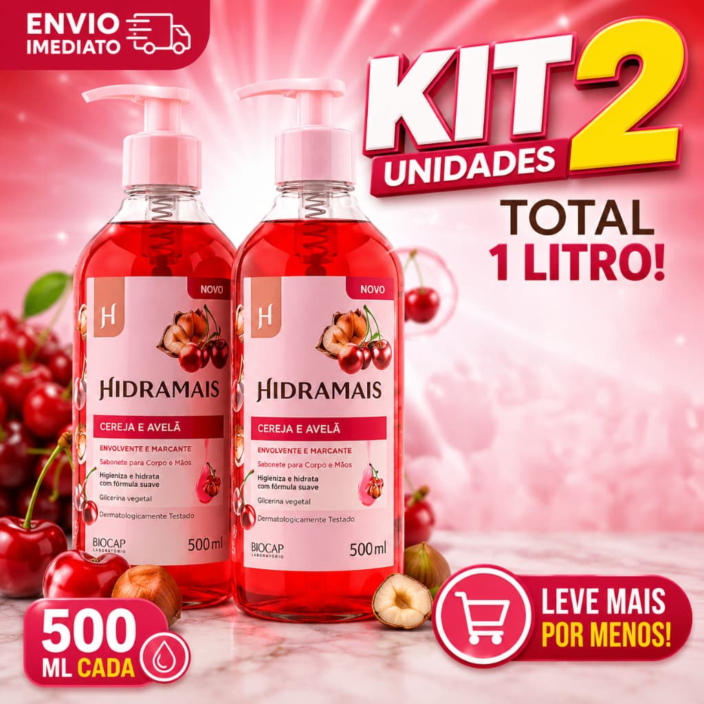 KIT 2 SABONETES LIQUIDO HIDRAMAIS CEREJA E AVELÃ, 500 ML CADA, TOTAL 1 LITRO - LEVE MAIS POR MENOS