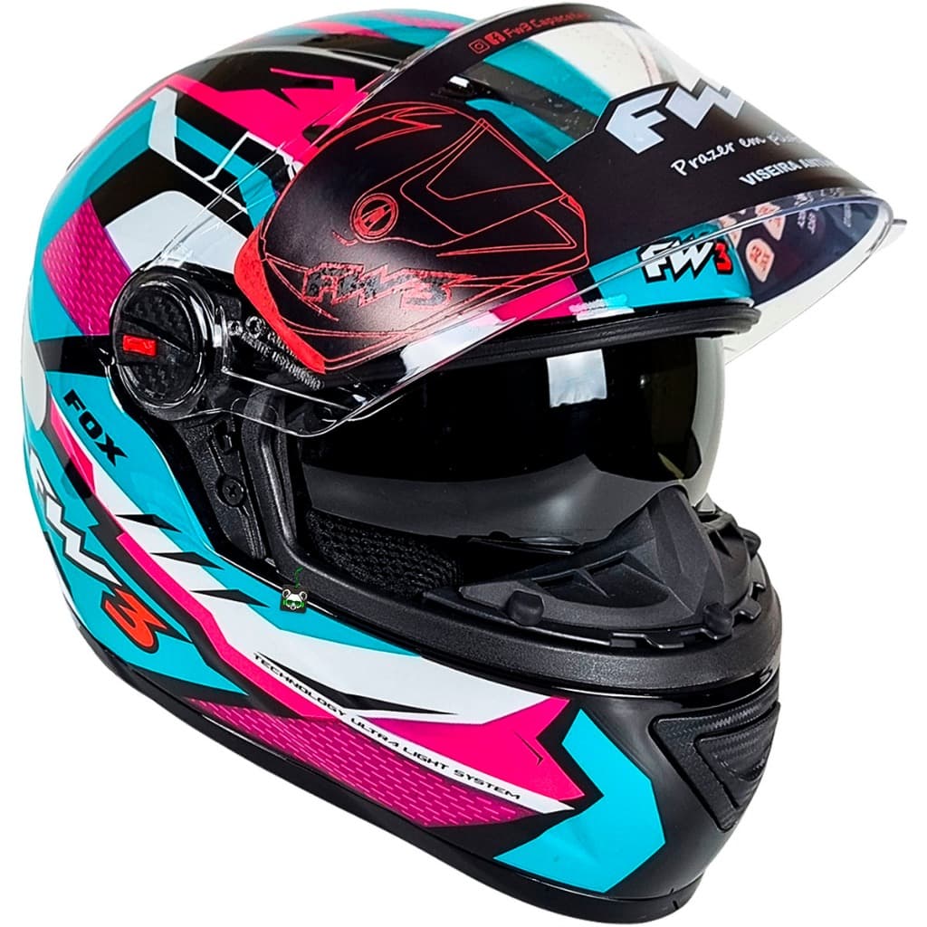 Capacete Moto GTX Fox Azul com Rosa Óculos Interno Narigueira FW3