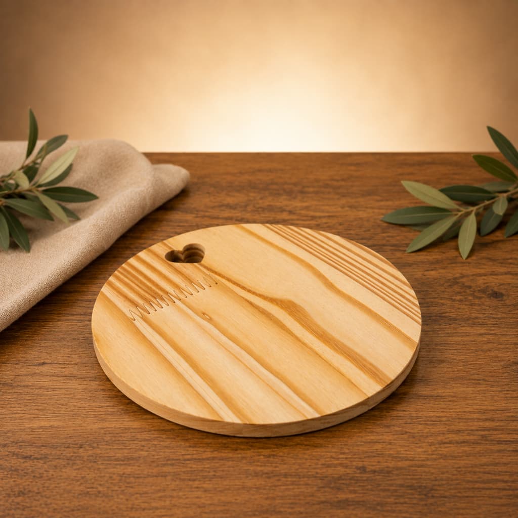 Tábua Redonda de Madeira 20cm com Coração Petisqueira para Servir e Decorar Mesa