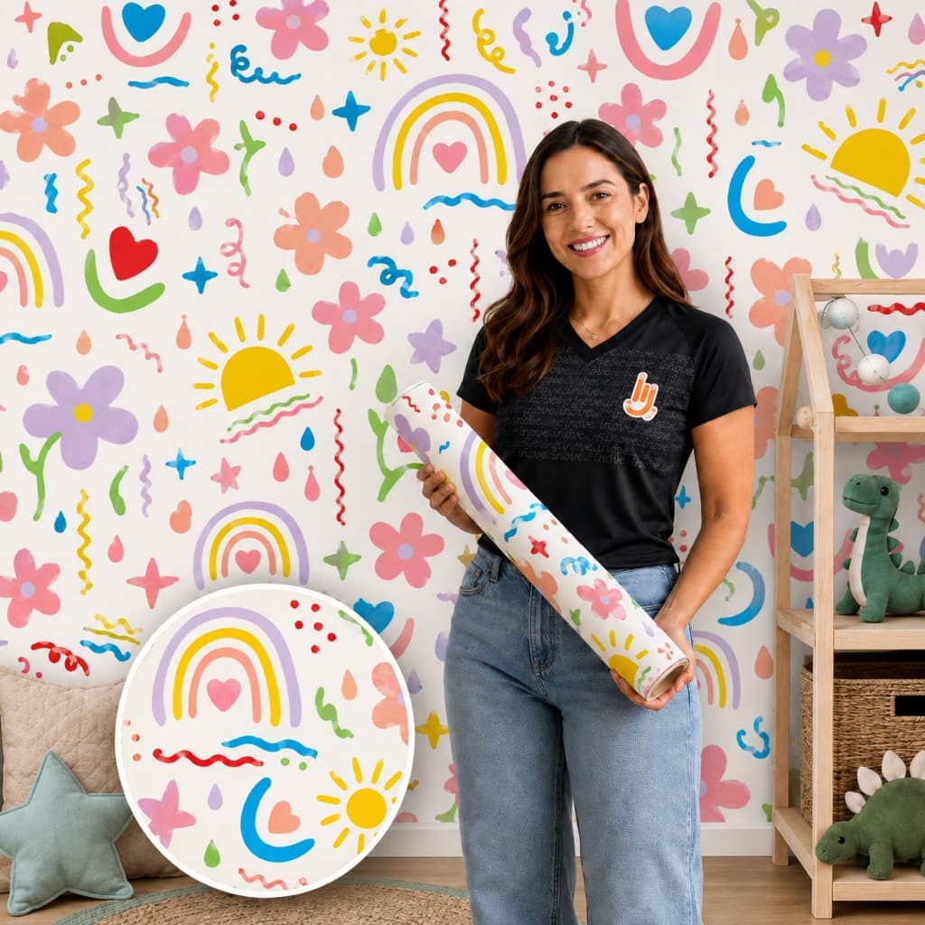 Papel de Parede Infantil Autocolante Arco-Íris Soft Color para Quarto de Menina