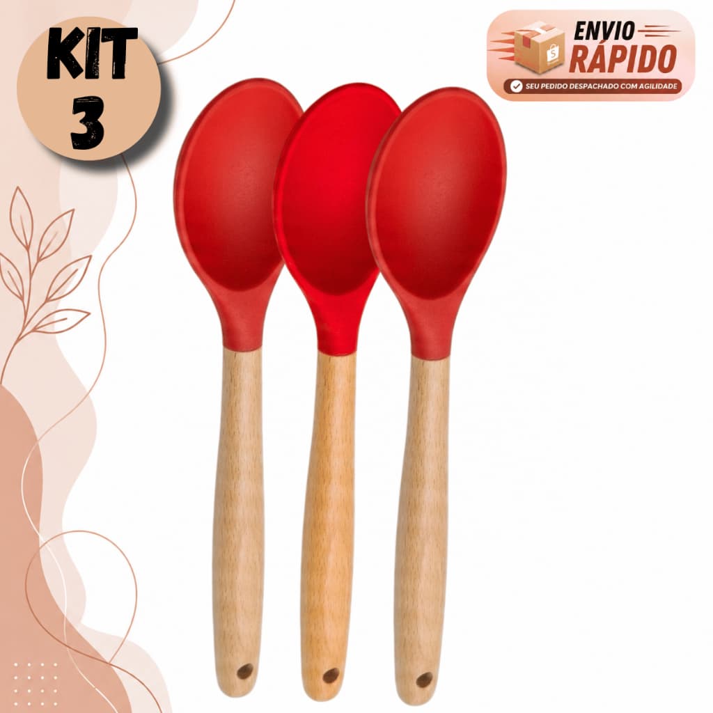 Kit Colher de Cozinha Silicone e Madeira 29cm Para Panela Antiaderente Utensílio Culinária Arroz Farofa e Molho