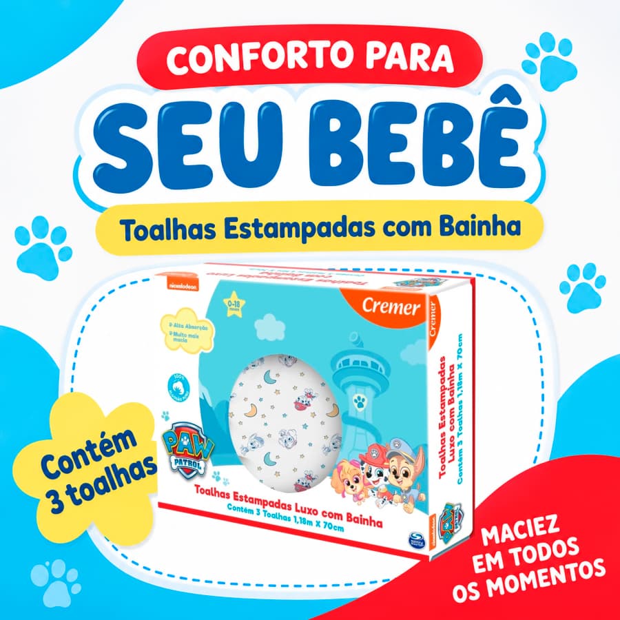 Toalha Cremer c/ 3 Fralda Infantil 118 cm x 70 cm Estampada Patrulha Canina 100% Algodão