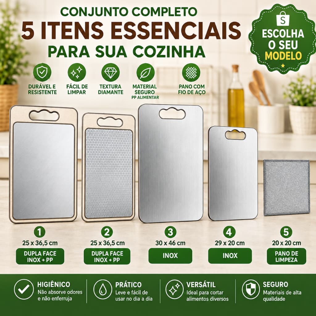 Tábua de Corte Inox Dupla Face Carne Legumes + Pano Limpeza Fio Metálico Reutilizável