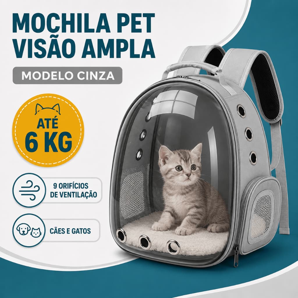 Mochila de Transporte Pet Cinza para Cães e Gatos até 6kg com Visor Transparente e Ventilação