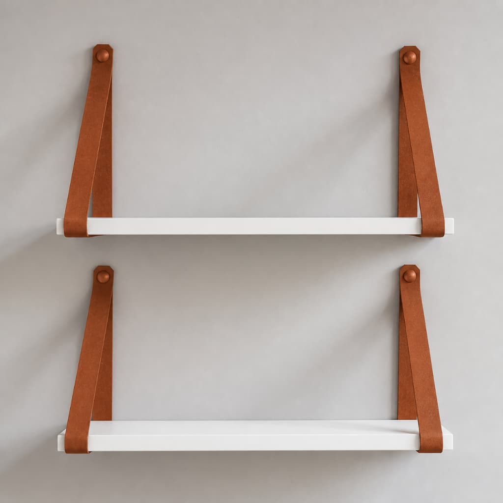 Kit 2 Prateleira Suspensa Parede 45x15 MDF Alça Couro Caramelo Prateleira Para Livros e Decoração Nicho Decorativo MDF