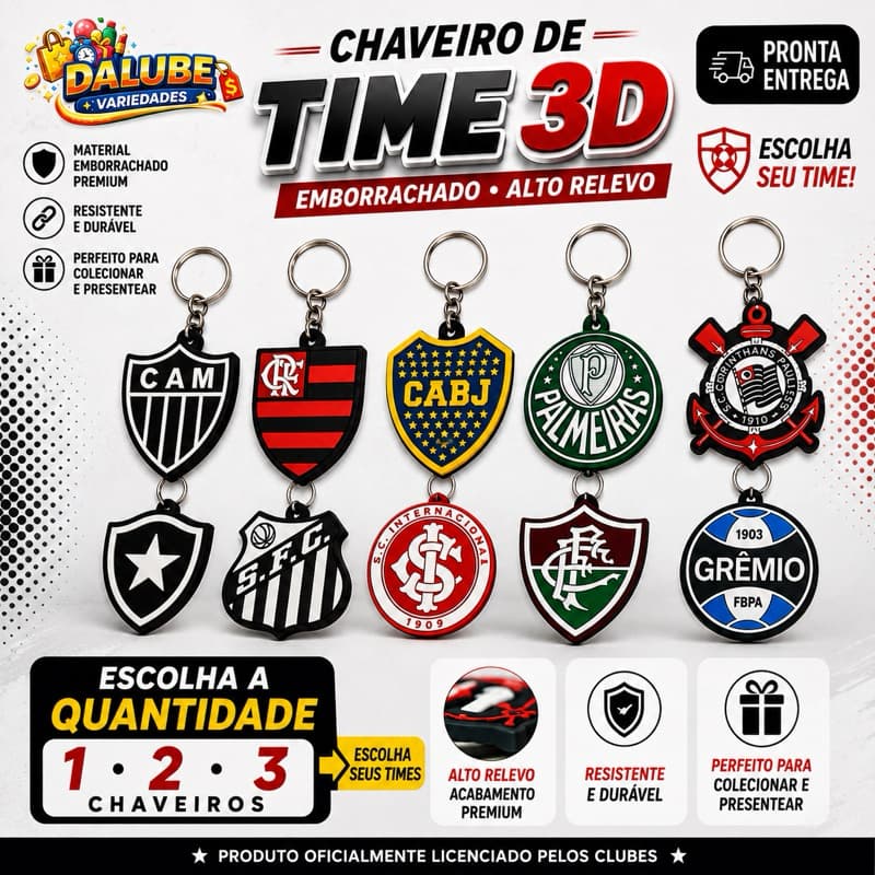 Chaveiro de Time Futebol 3D Emborrachado Alto Relevo Escolha Seu Time
