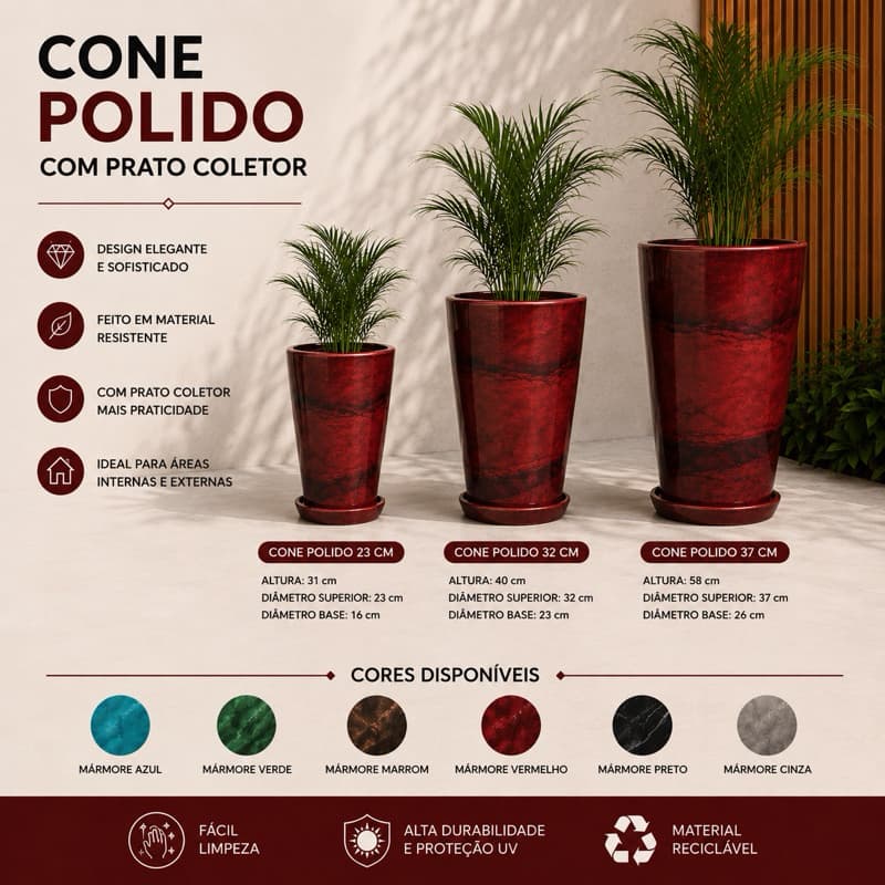 Vaso Cone Polido Marmorizado com Prato Coletor – 23cm, 32cm e 37cm – Vaso Decorativo para Plantas