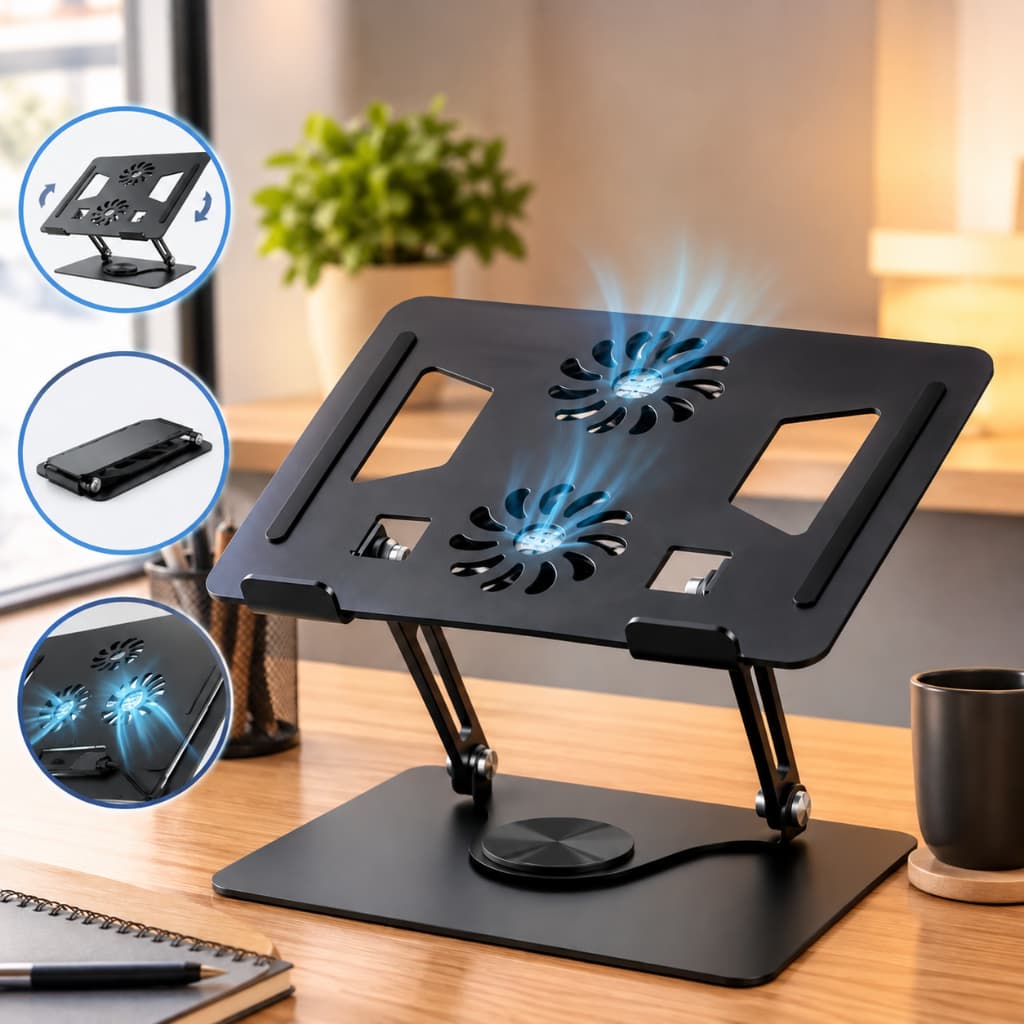 Mesa Suporte Notebook Portatil Base Macbook Ajustável 360° 2 Ventiladores Apoio Notebook