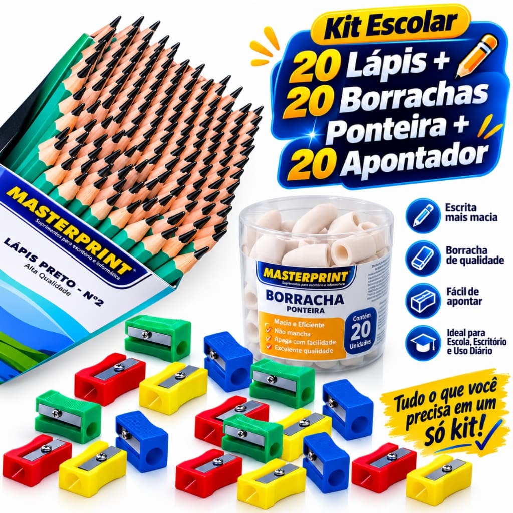 Kit 50 Lápis de Escrever + 50 Borracha Ponteira Branca + 50 Apontador simples Escolar Escola Estudo
