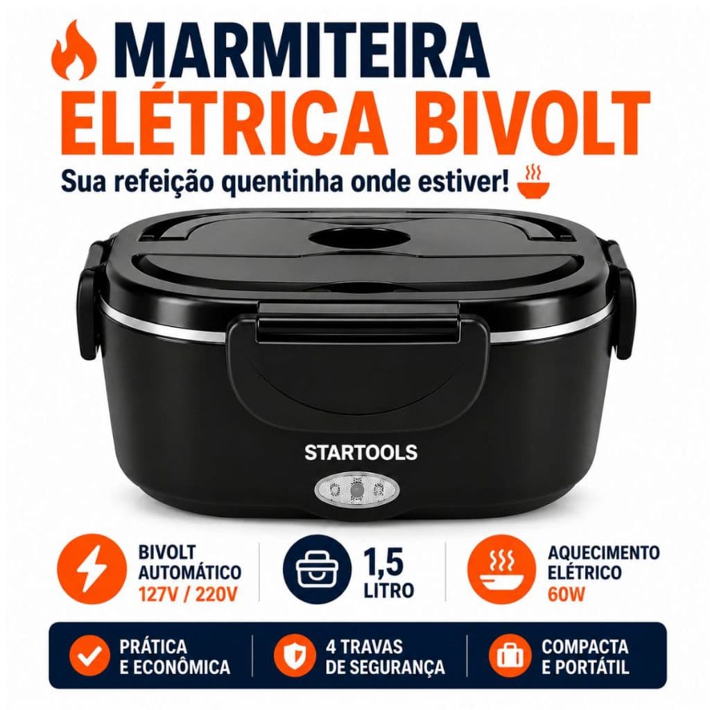 Marmiteira Elétrica Bivolt Portátil 1,5L Aquece Comida Refeição Trabalho Viagem Almoço 127V/220V Top