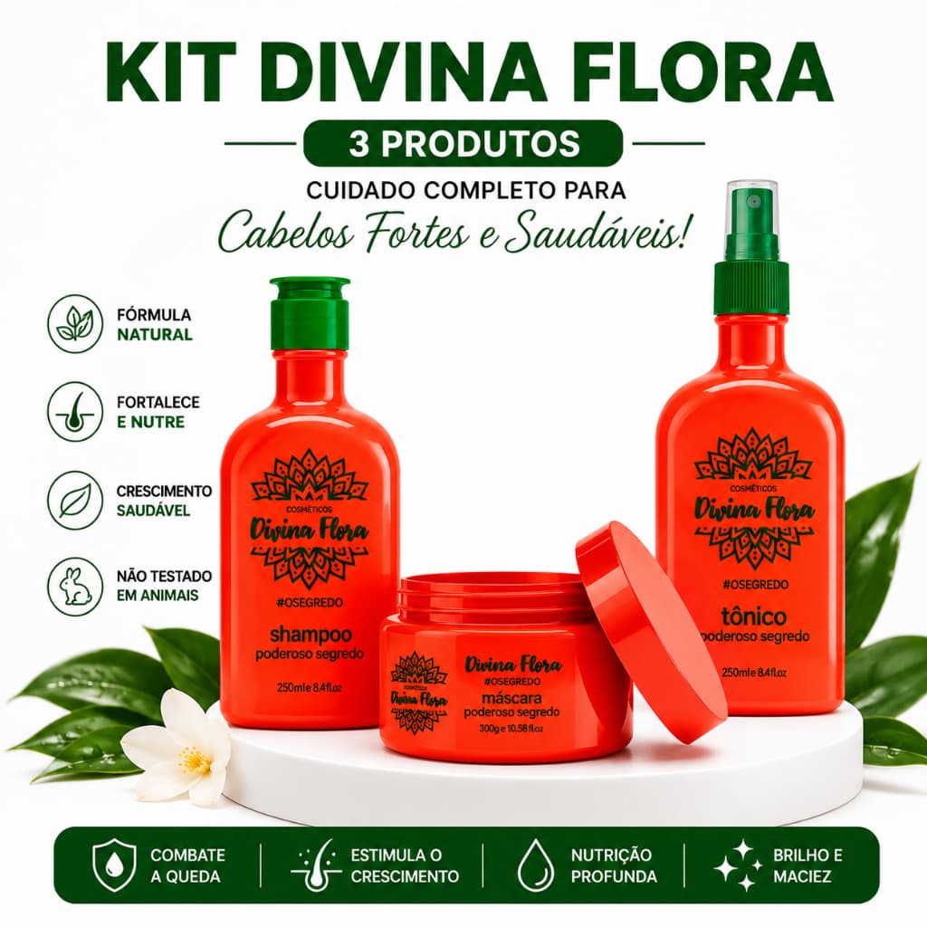 Kit Antiqueda Divina Flora 3 Itens — Estímulo ao Crescimento Capilar, Fortalecimento da Raiz e Fios Encorpados