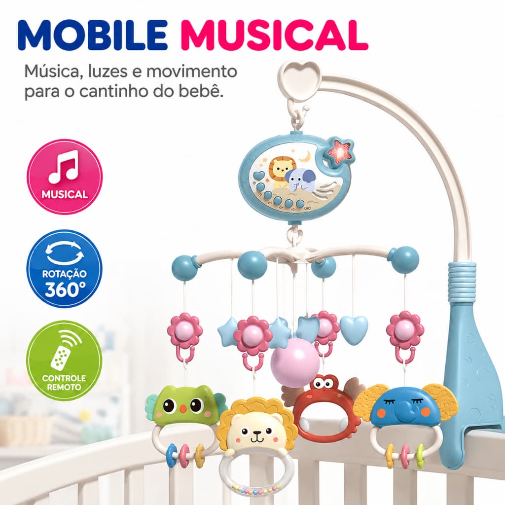 Mobile Musical Berco Bebe Projetor Luz Noturna Rotacao Estrela Controle Remoto Sons Relaxantes