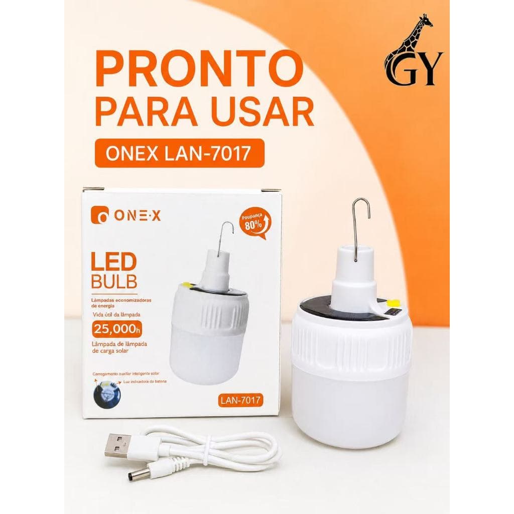 Lâmpada LED Solar Recarregável ONEX com Gancho, Indicador de Bateria e Cabo USB para Camping e Emergência LAN-7017