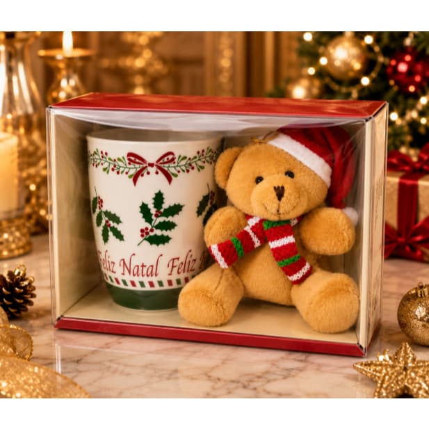 Kit Caneca de Natal + Ursinho de Pelúcia na Caixa