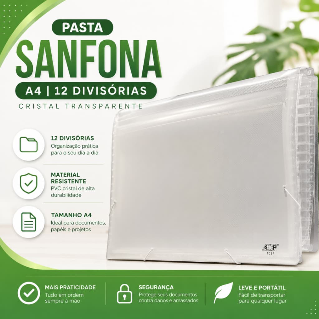 Pasta Sanfona A4 12 Divisórias Cristal Transparente Organizadora Documentos