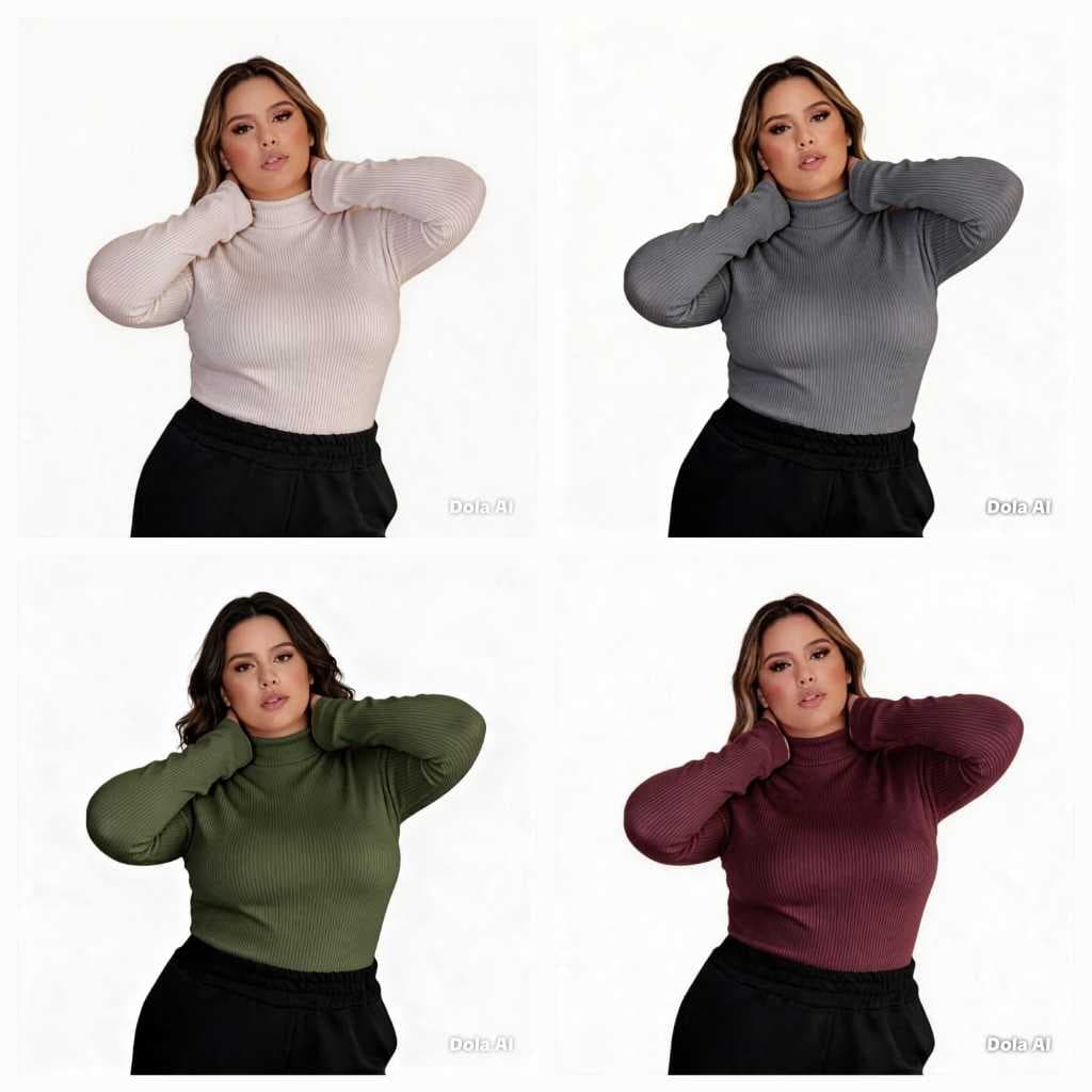 Kit 4 Blusas Feminina Cacharrel Plus Size Gola Alta Segunda Pele Manga Longa Canelada Tamanho G1,G2,G3