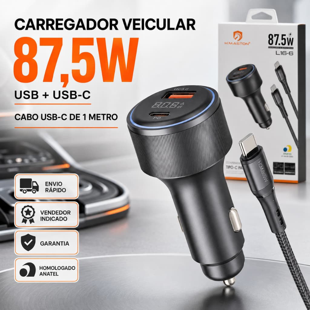 Fonte Carregador Veicular Super Rápido 87.5W USB E USB-C