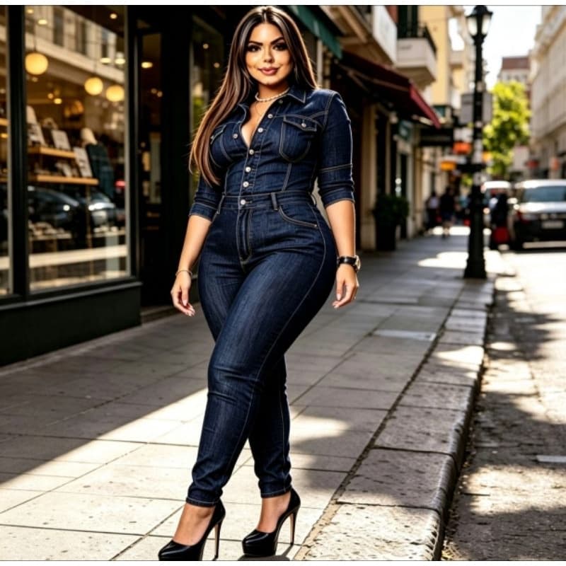 Macacão Manga 3/4 Plus Size Jeans Feminino Estação
