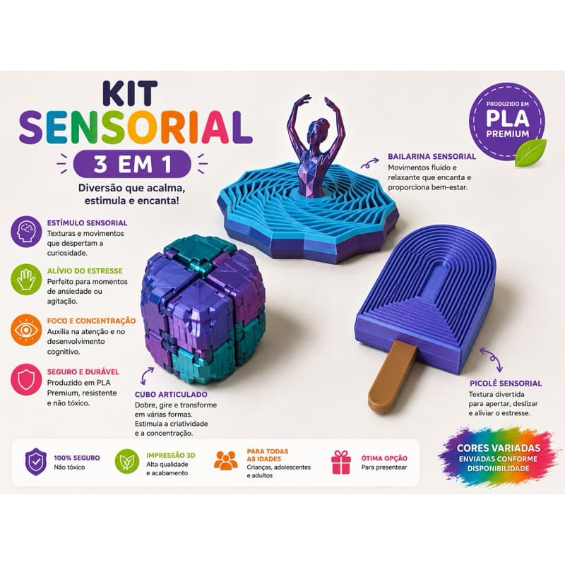 Kit Brinquedos Sensoriais 3D – Cubo Articulado + Bailarina + Picolé | Fidget Antiestresse