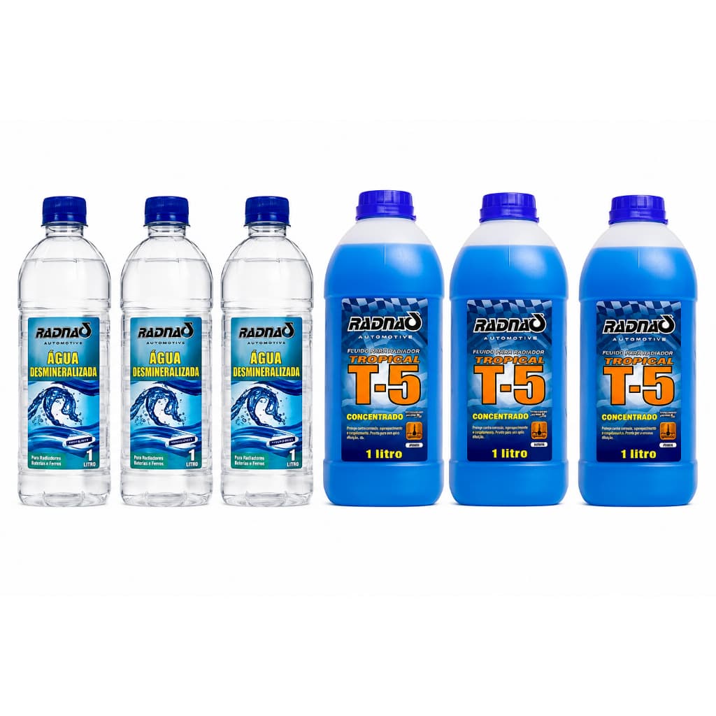 Kit 03 Aditivos Radiador T5 Long Life Concentrado Azul + 03 Litros Agua Radiador
