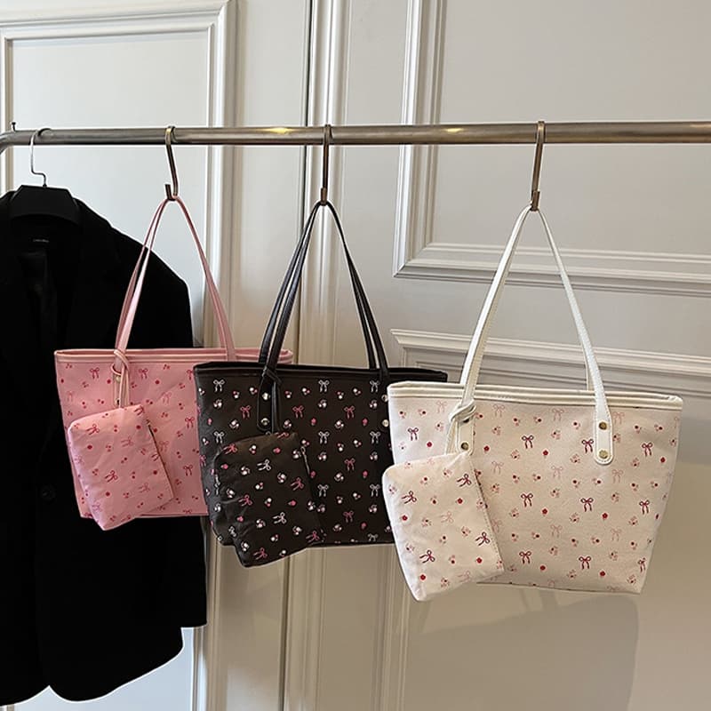 Bolsa Feminina Tote Grande Capacidade com Estampa de Laço Bolsa de Ombro Casual Elegante com Bolsa Pequena