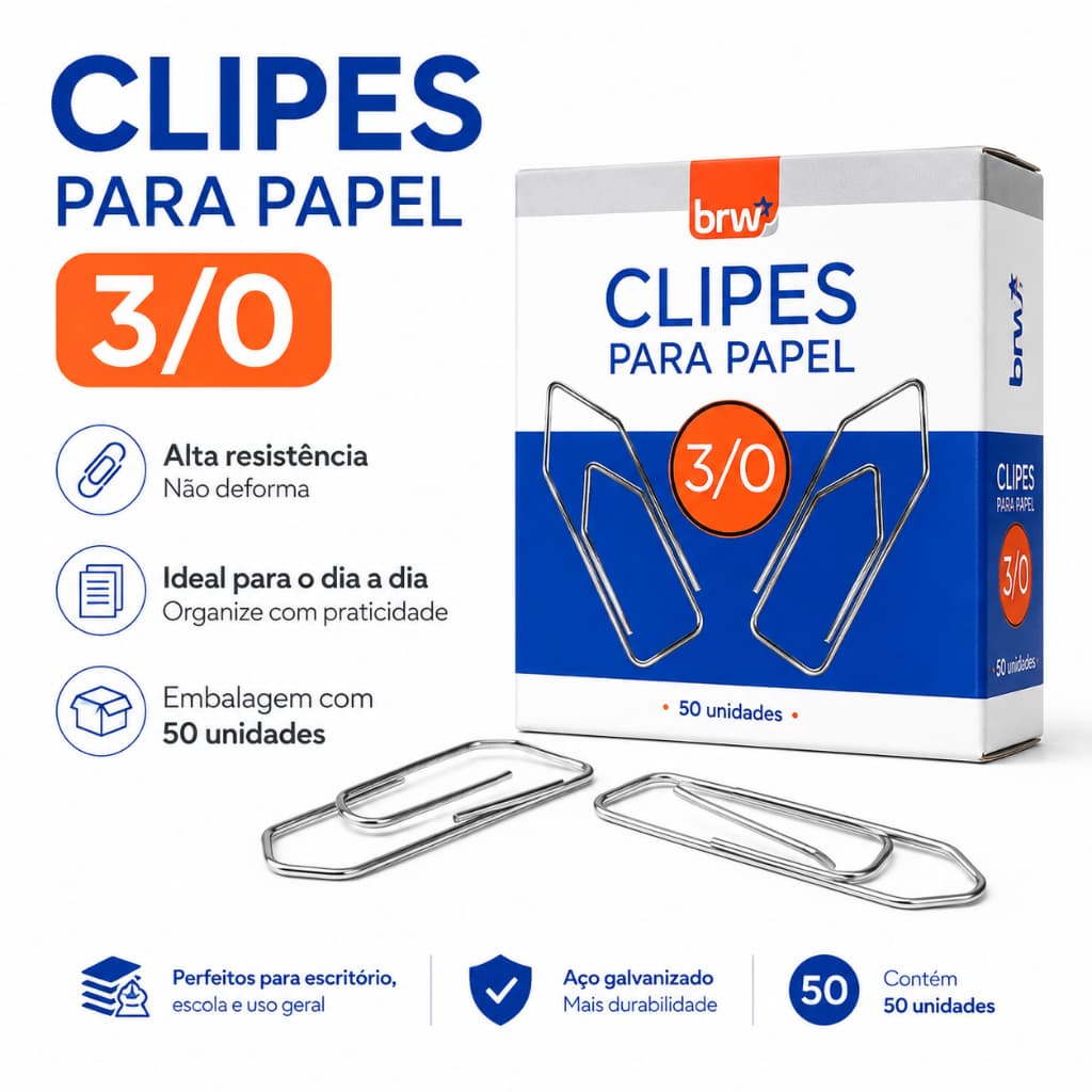 Clipes Para Papel 3/0 BRW 50 Unidades – Clipe de Papel Galvanizado para Escritório Escola Organização