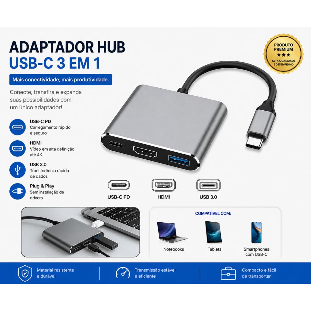 Adaptador Tipo C Para Hdmi Hub Usb 3.0 + Usb C Resolução 4k Conectividade Completa Cabo Adaptador Macbook iPad Computado