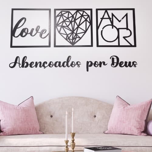 Kit 3 Quadros Amor Coração Love + Frase De Parede Religiosa Abençoados por Deus MDF