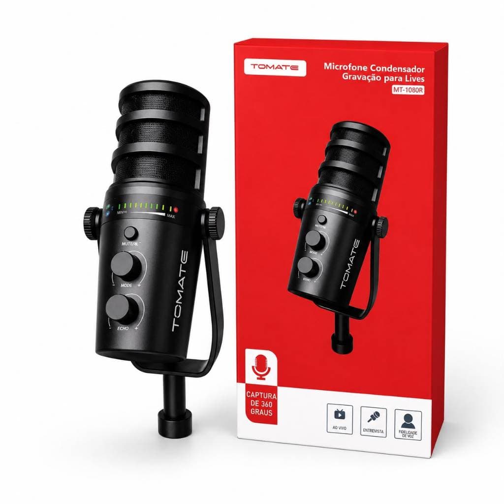 Microfone Condensador Gamer Tomate MT-1080R USB XLR Para Lives Podcast Gravação