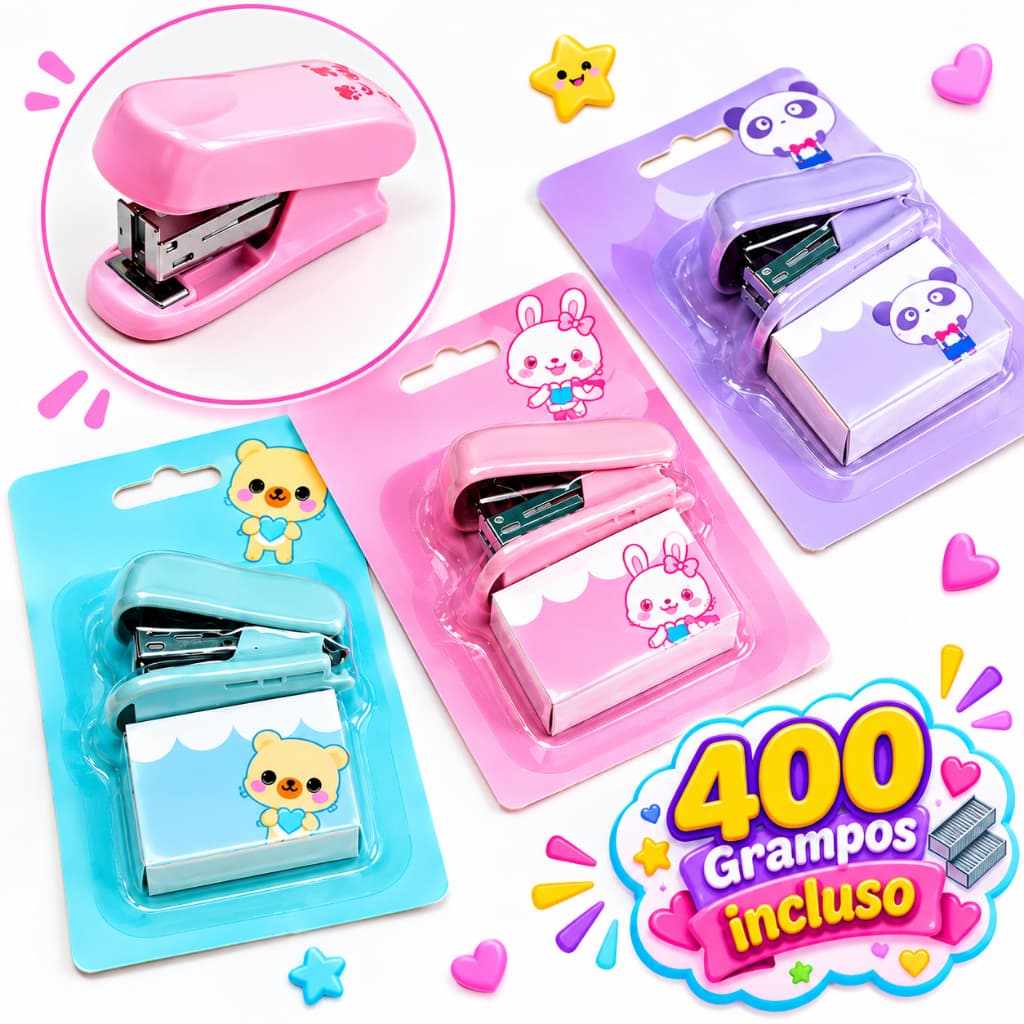 Mini Grampeador Escolar Infantil Colorido Portátil + 400 Grampos Papelaria Material Escolar Escritório Presente Kids