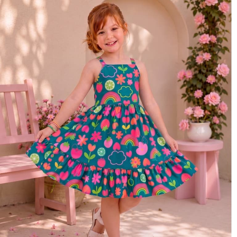 Vestido Infantil, Menina ,Princesa ,Estampado, Midi, Rodado Festa,Verão, Passeio, 3 a 10 Anos, 3 Estampas