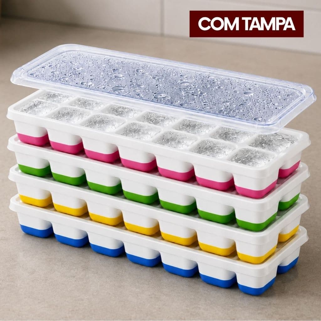 Kit 4 Formas de Gelo Silicone Com Tampa Rígida Flexível Fundo Retangular 14 Cubos Multiuso Lavável