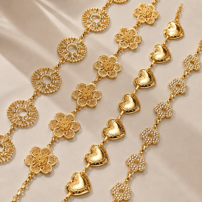 Cinto Feminino Dourado de Corrente Ajustável Metal Luxo para Vestido Cintura Festa Flores Coração