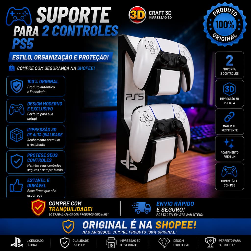 Suporte Duplo Controle PS5 Base Suporte Gamer Organizador DualSense Para 2 Controles Video Game