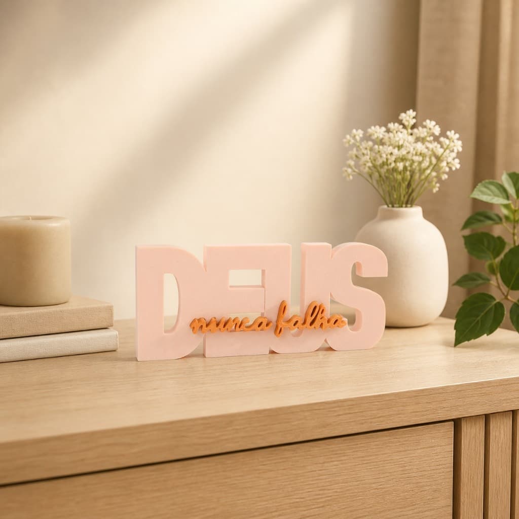 Letreiro Decorativo Deus Nunca Falha Enfeite Religioso para Decoração Sala Rack Estante Mesa Prateleira Casa Escritório