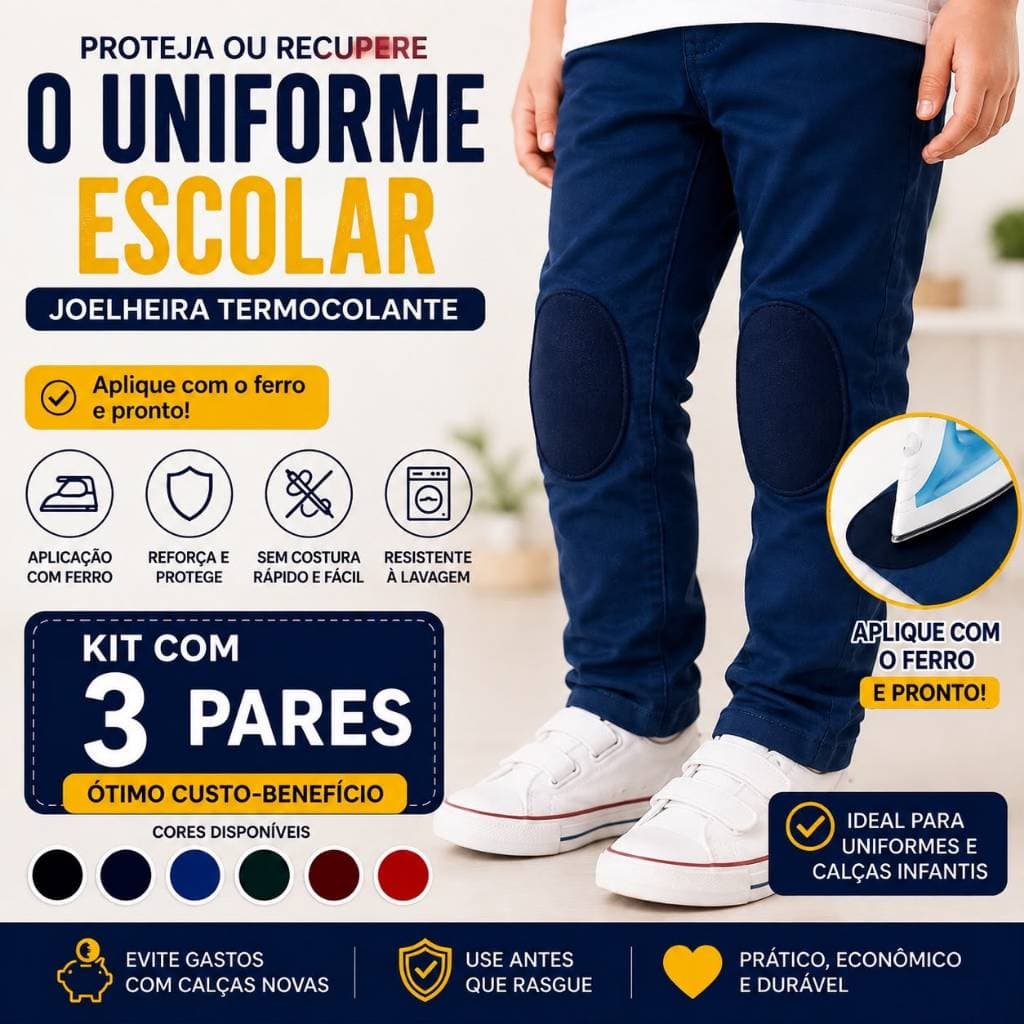 Kit 3 Pares Joelheira Termocolante para Uniforme Escolar Reparo Reforço Calça Infantil