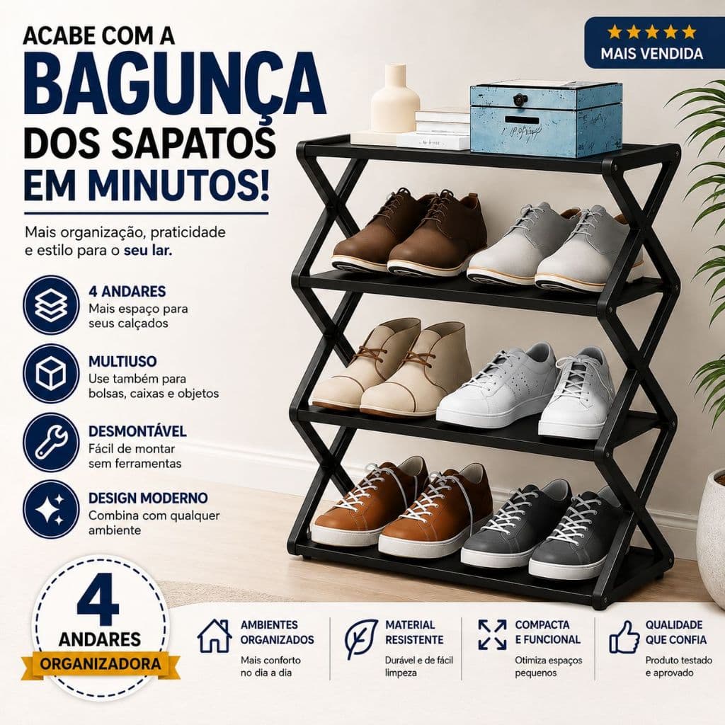 Sapateira 4 Andares Organizadora de Sapatos e Calçados Multiuso Desmontável Compacta para Quarto